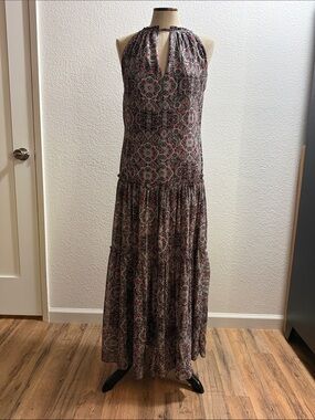 DREW Printed Halter Tiered Maxi Dress in Black and Pink